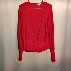 Red Deep V-Neck Blouse with Button Detail – Long Sleeve Wrap Style Top